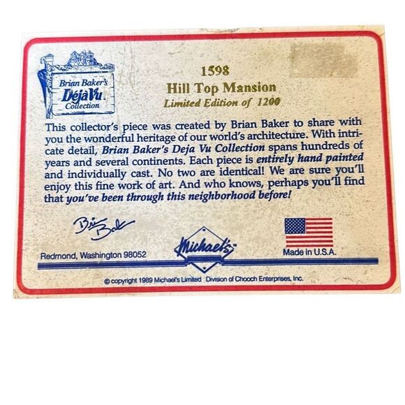 Signed 1994 Brian Baker's DejaVu Collection #1598 Hill Top Mansion Limited‎ Ed - Picture 2 of 4